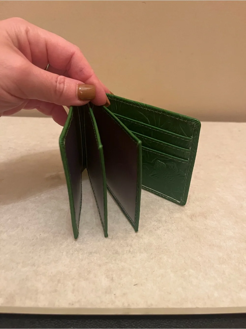 Green Embossed Leather Bifold Wallet